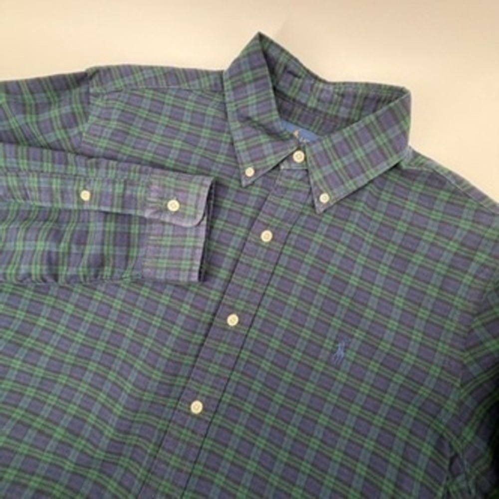 Ralph Lauren Men's Plaid Button Down Shirt Green Navy Blue Size M